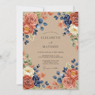 Terracotta Navy Bountiful Autumnal Wedding Invitation