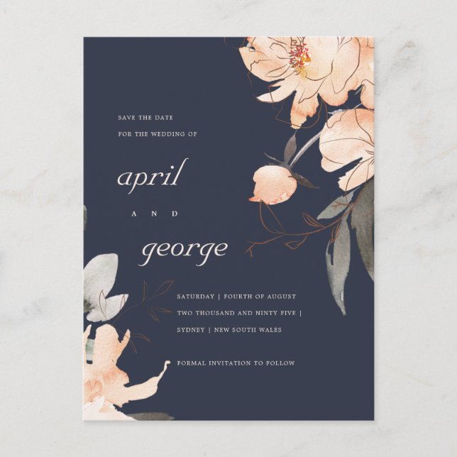 TERRACOTTA NAVY BROWN FLORAL SAVE THE DATE CARD (Front)