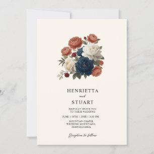 Terracotta Navy Floral all in one Wedding Invite