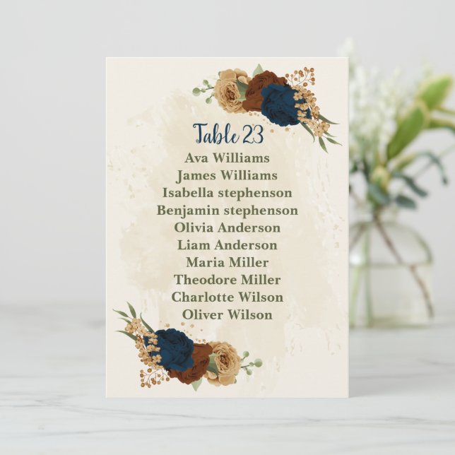 terracotta navy floral seating chart card (Standing Front)