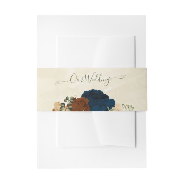 terracotta navy floral wedding invitation belly band (Front Example)