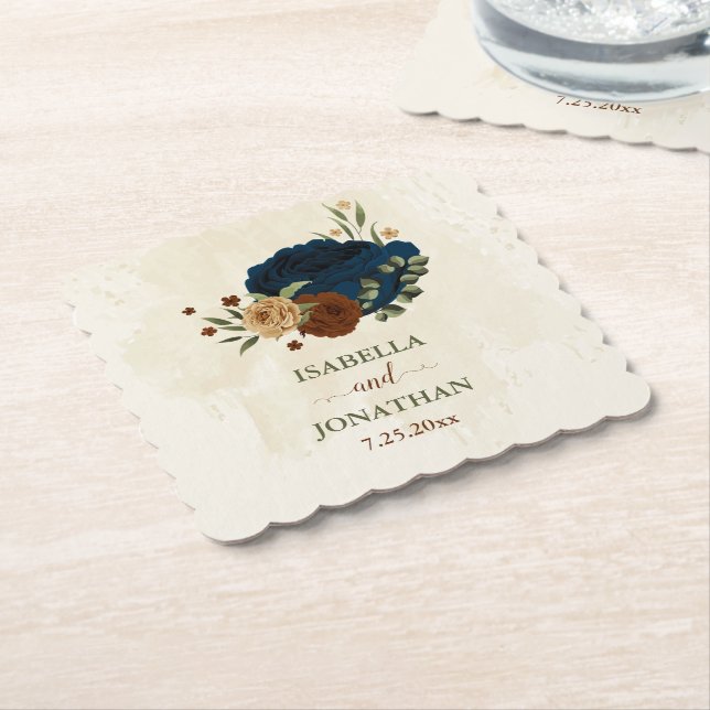 terracotta navy floral wedding paper coaster (Angled)