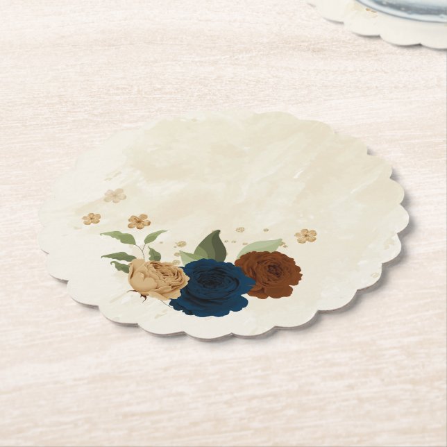 terracotta navy floral wedding paper coaster (Angled)