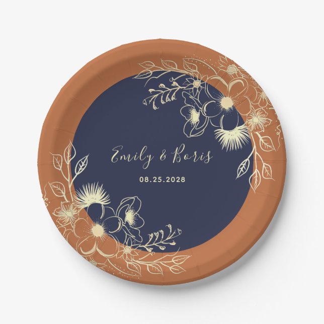 Terracotta Navy Floral Wedding Paper Plate (Front)