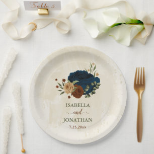terracotta navy floral wedding paper plate