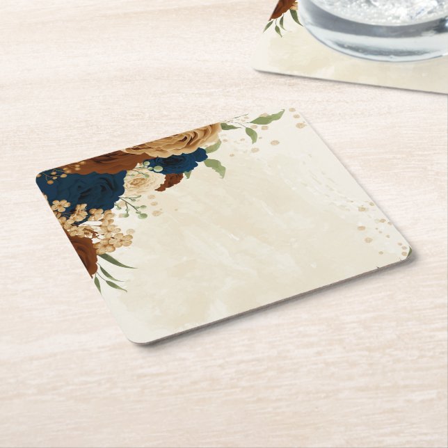 terracotta navy floral wedding square paper coaster (Angled)