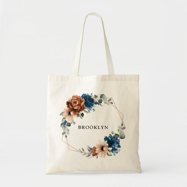 Terracotta Navy Greenery Geometric Bridesmaid Gift Tote Bag (Front)