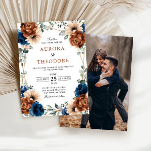 Terracotta Navy Greenery Geometric Photo Wedding Invitation