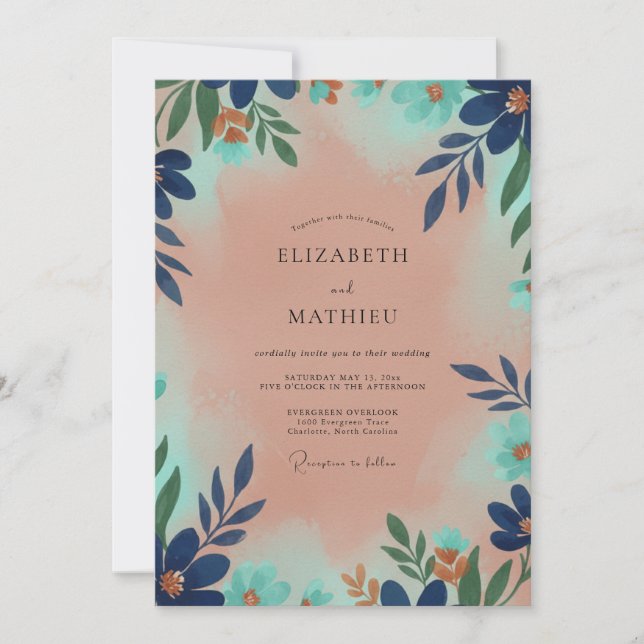 Terracotta Navy Leafy Wedding Invitation (Front)
