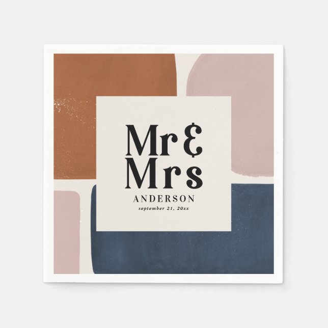 Terracotta navy Mr & Mrs modern painterly wedding Napkin (Front)