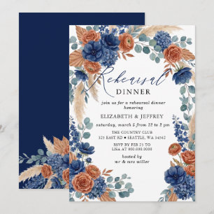 Terracotta Navy Pampas Floral Rehearsal Dinner Invitation