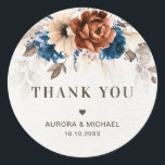 Terracotta Navy Pampas Grass Wedding Thank You Classic Round Sticker<br><div class="desc">Elegant Navy blue,  Terracotta ,  Orange earthy floral theme wedding thank you sticker featuring elegant bouquet of Navy blue,  Terracotta colour roses peonies  and eucalyptus leaves. Please contact me for any help in customisation or if you need any other product with this design.</div>