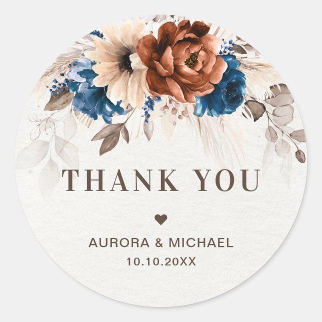 Terracotta Navy Pampas Grass Wedding Thank You Classic Round Sticker (Front)