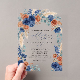 Terracotta Navy Pampas Greenery Modern Wedding Acrylic Invitations