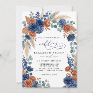 Terracotta Navy Pampas Greenery Modern Wedding Invitation