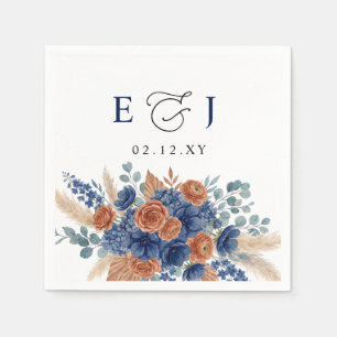 Terracotta Navy Pampas Greenery Modern Wedding Napkin