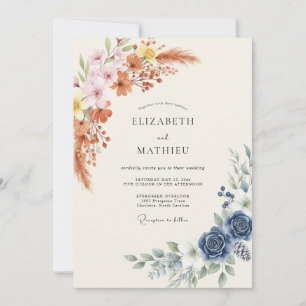 Terracotta Navy Wildflower Wedding Invitation
