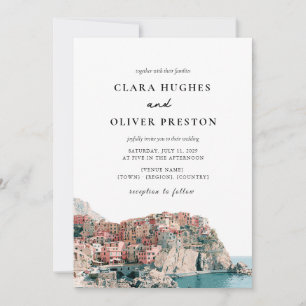 Terracotta Ocean Blue Serif Cinque Terre Wedding Invitation