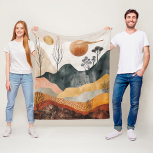 Terracotta Ochre Twin Sun Mid Century Mountain Art Fleece Blanket