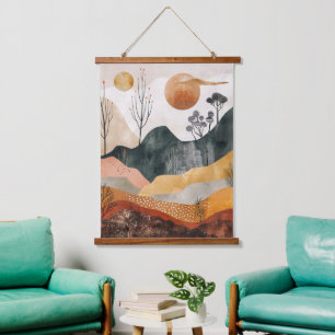 Terracotta Ochre Twin Sun Mid Century Mountain Art Hanging Tapestry