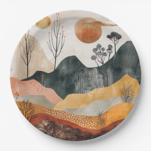 Terracotta Ochre Twin Sun Mid Century Mountain Art Paper Plate