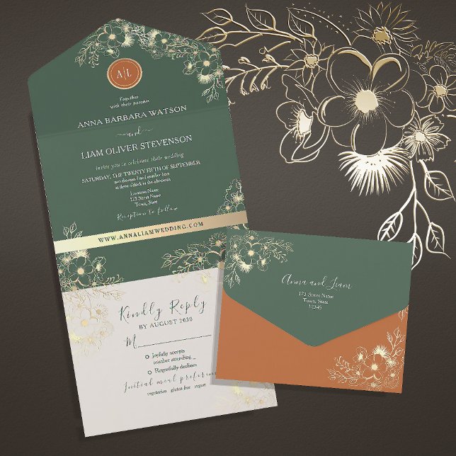 Terracotta & Olive Green Vintage Floral Wedding All In One Invitation (Creator Uploaded)