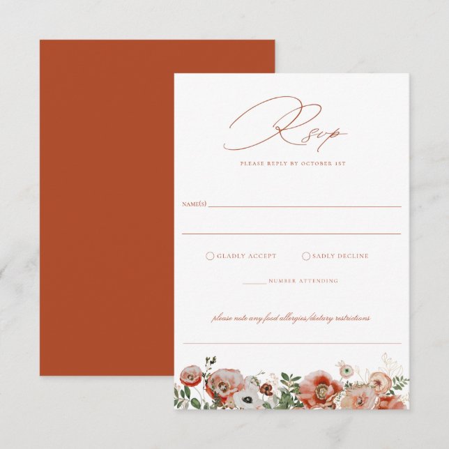 Terracotta Orange Autumn Floral Wedding RSVP Card (Front/Back)