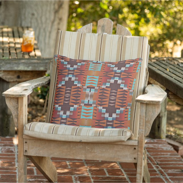Terracotta Orange Brown Aqua Turquoise Tribal Art Cushion (Chair)