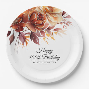 Terracotta Orange Fall Flowers 100th Birthday Paper Plate