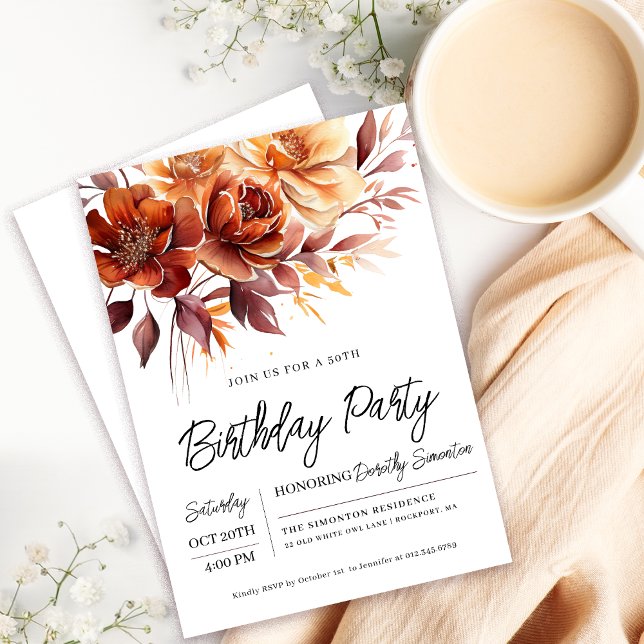 Terracotta Orange Fall Flowers 50th Birthday Invitation (Need a matching fall floral Welcome Sign? Message me!)