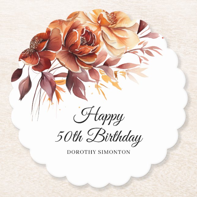 Terracotta Orange Fall Flowers 50th Birthday Paper Coaster (Front)