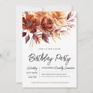 Terracotta Orange Fall Flowers 60th Birthday Invitation