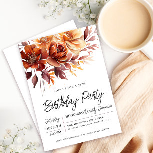 Terracotta Orange Fall Flowers 60th Birthday Invitation