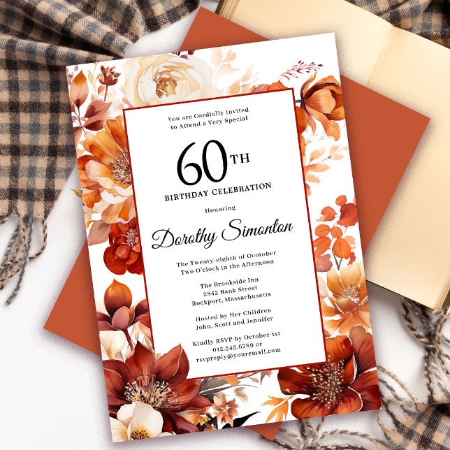 Terracotta Orange Fall Flowers 60th Birthday Invitation (Need a matching autumn floral Welcome sign? Message me! Party supplies available too!)
