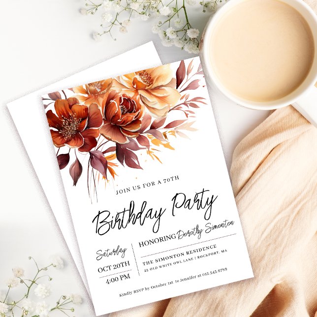 Terracotta Orange Fall Flowers 70th Birthday Invitation (Need a matching fall flowers Welcome Sign? Message me!)