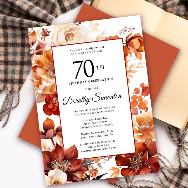 Terracotta Orange Fall Flowers 70th Birthday Invitation (Need a matching autumn floral Welcome Sign? Message me! Party supplies available too!)