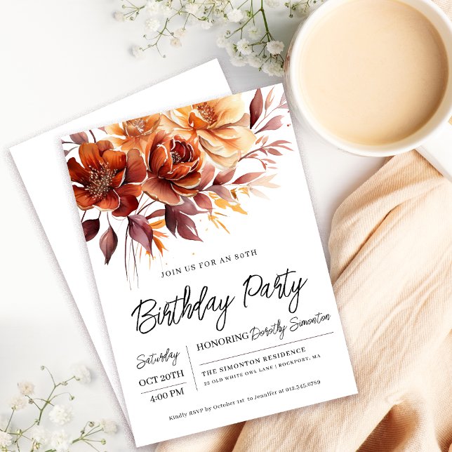 Terracotta Orange Fall Flowers 80th Birthday Invitation (Need a matching fall flowers Welcome sign? Message me!)