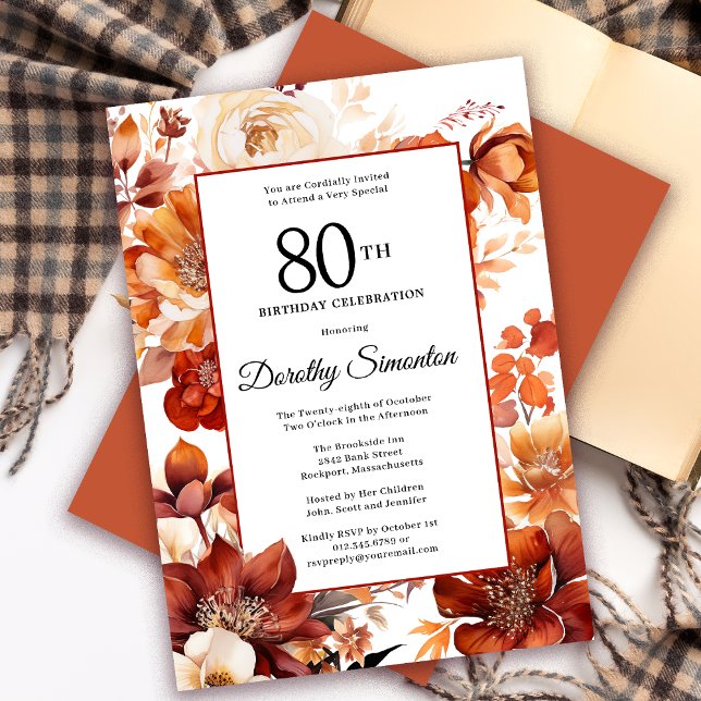 Terracotta Orange Fall Flowers 80th Birthday Invitation (Need a matching autumn floral Welcome Sign? Message me! Party supplies available too!)