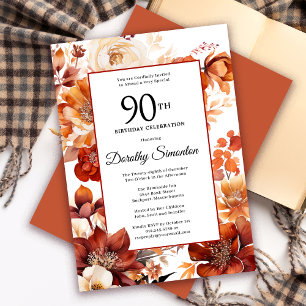 Terracotta Orange Fall Flowers 90th Birthday Invitation