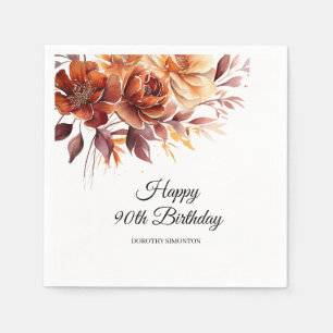 Terracotta Orange Fall Flowers 90th Birthday Napkin