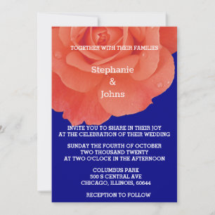 Terracotta Orange Floral Navy Blue Boho Wedding Invitation