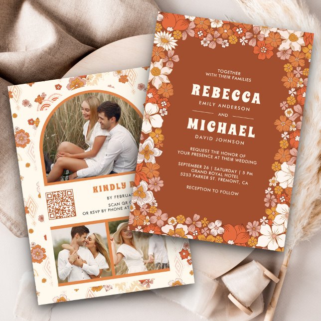 Terracotta Orange Groovy Retro Wildflower Wedding Invitation (Creator Uploaded)