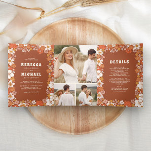 Terracotta Orange Groovy Retro Wildflower Wedding Tri-Fold Invitation
