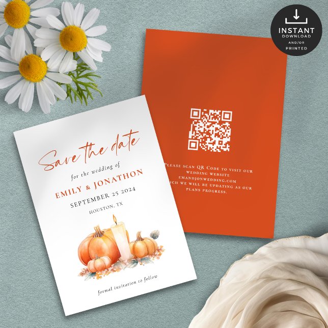 Terracotta Orange Pumpkins Candle QR Code Wedding Save The Date (Front and back view)
