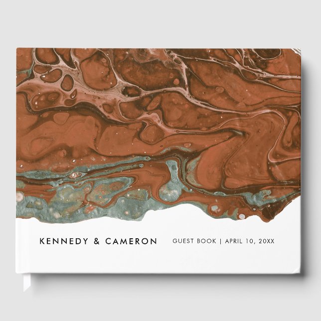 Terracotta Orange & Teal Minimalist Marble Guest Book (Front)
