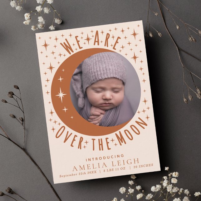 Terracotta Over the Moon Photo Birth Announcement  (Creator Uploaded)