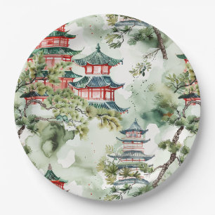 Terracotta Pagoda Architectural Botanical Paper Plate