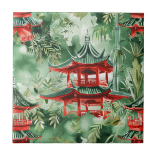 Terracotta Pagoda Asian Garden Watercolor Ceramic Tile