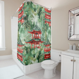 Terracotta Pagoda Asian Garden Watercolor Shower Curtain