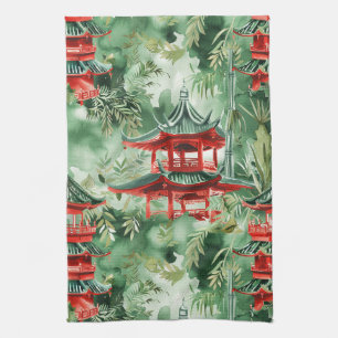 Terracotta Pagoda Asian Garden Watercolor Tea Towel